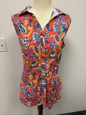Talbots Sleeveless Paisley Button-Front Top in Orange and Blue
